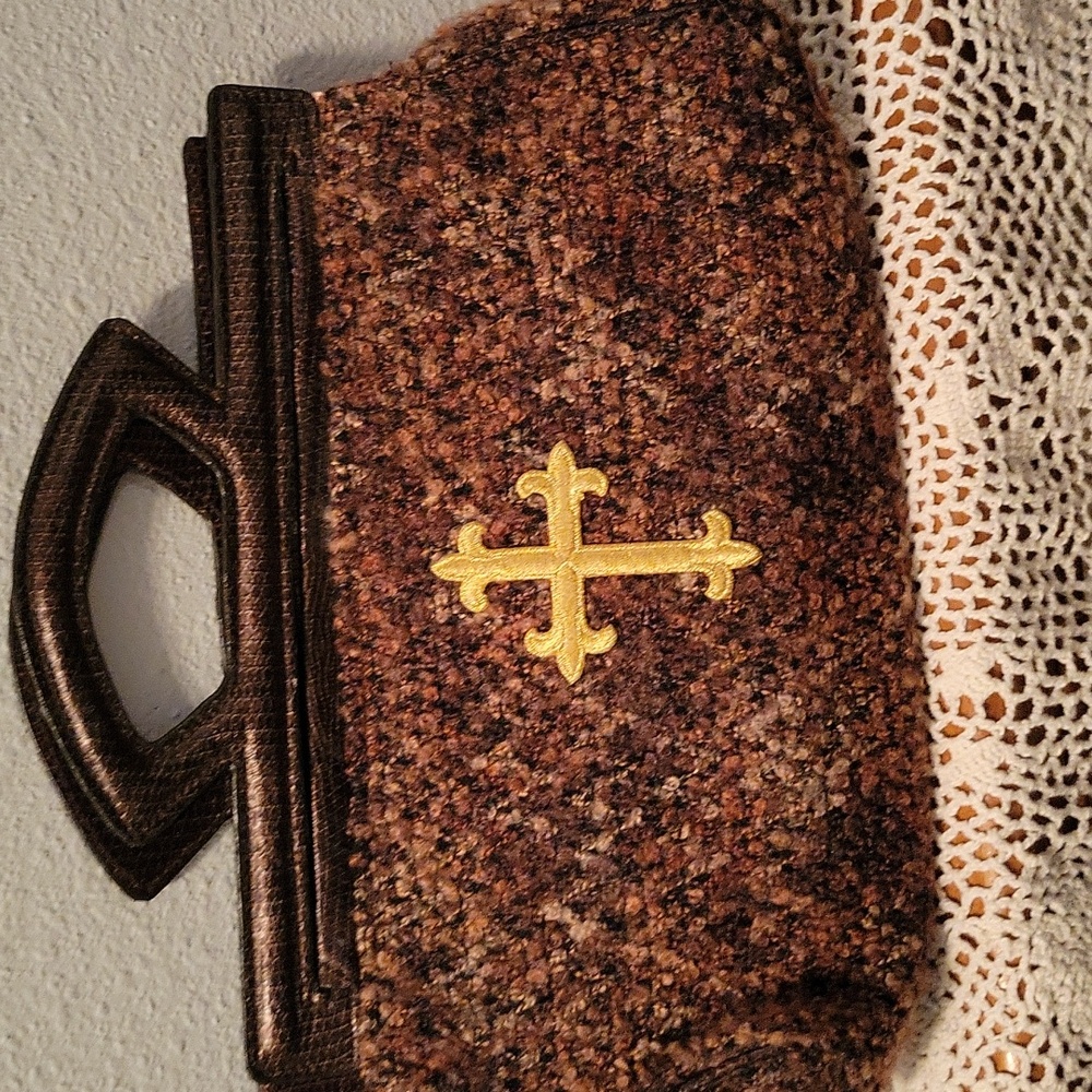 Victoria's Secret Brown Tweed Handbag with Gold Cross Accent